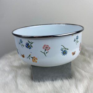 Vintage White & Silver W/ Flowers Enamel Dish